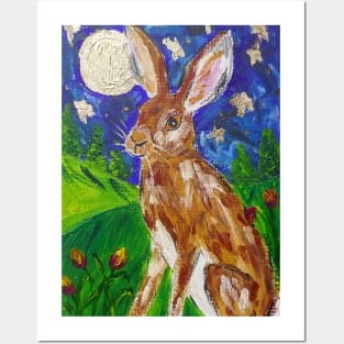 Hare among Tulips and a Gold Moon Posters and Art